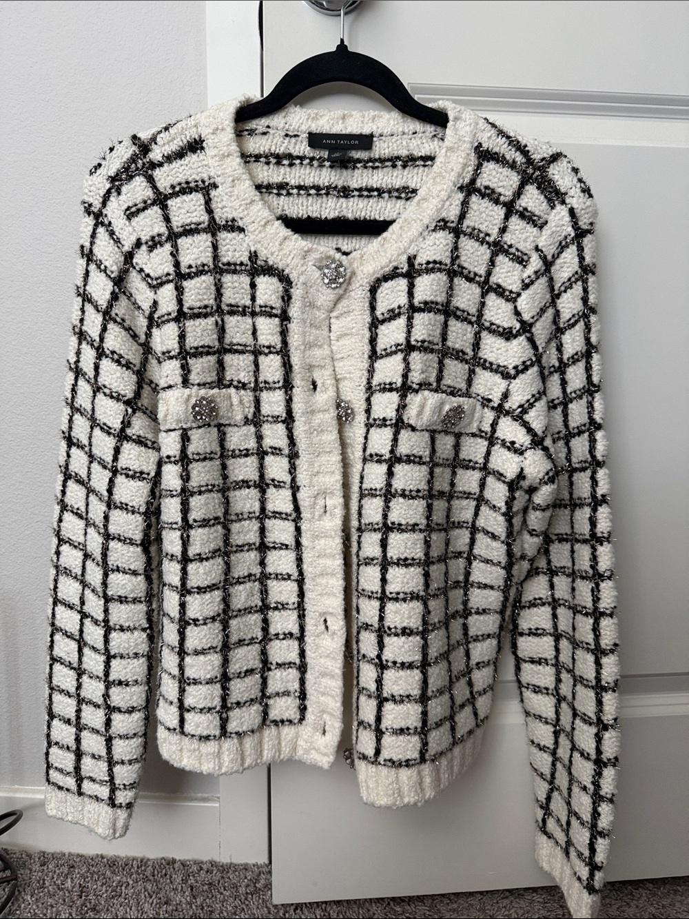 Ann Taylor Cream and Black Windowpane Knit Cardigan